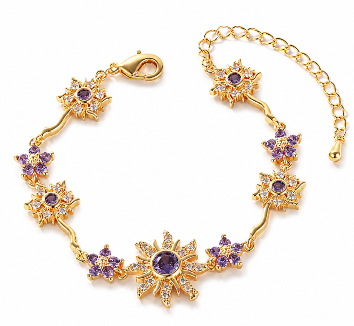 Luxurious Gold plated Copper Embedded Colorful Diamond Five-Petal Flower Branch Leaf Bracelet Creative Versatile Elegant Jewelry Accessory