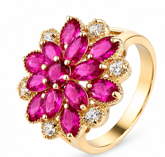 Geometric Copper Inlaid Color Zircon Flower Ring