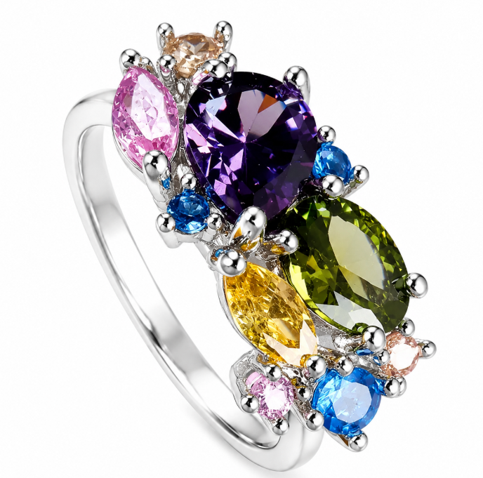 Geometric Copper Ring With Claw Setting And Zircon Inlay, Water Plated With White K