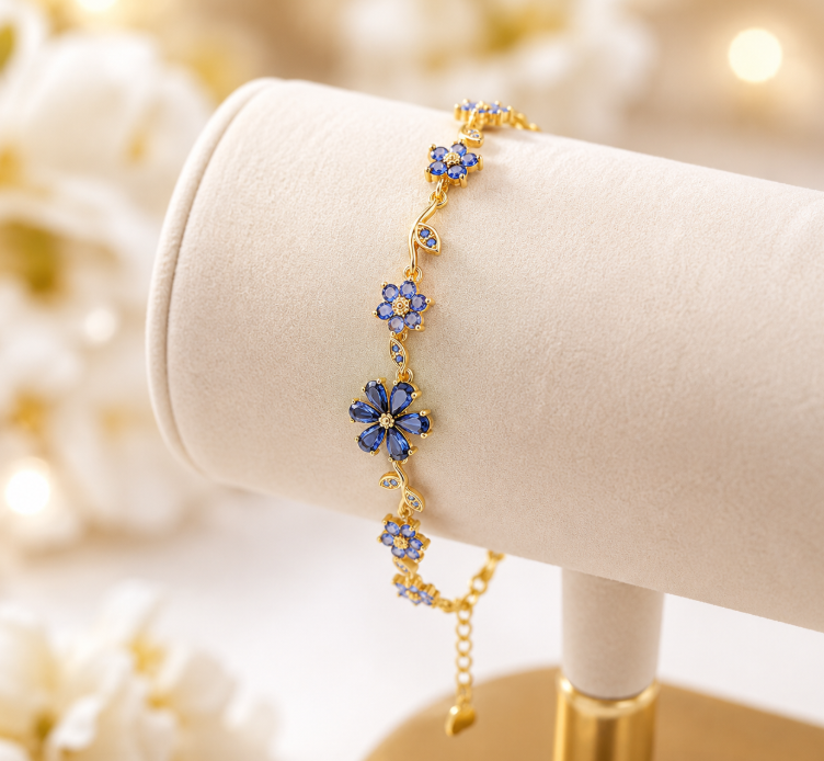 Luxurious Gold plated Copper Embedded Colorful Diamond Five-Petal Flower Branch Leaf Bracelet Creative Versatile Elegant Jewelry Accessory