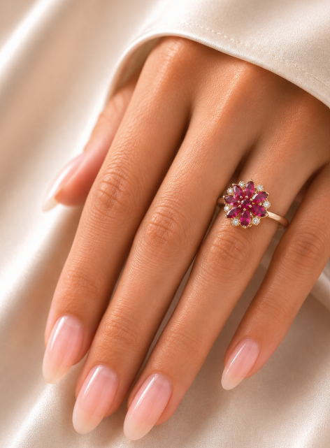 Geometric Copper Inlaid Color Zircon Flower Ring